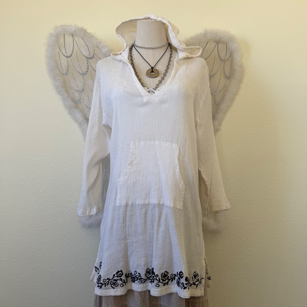 Boho White Cotton Gauze Hooded Tunic Top Floral‎ Embroidery Cover Up Girly Sheer